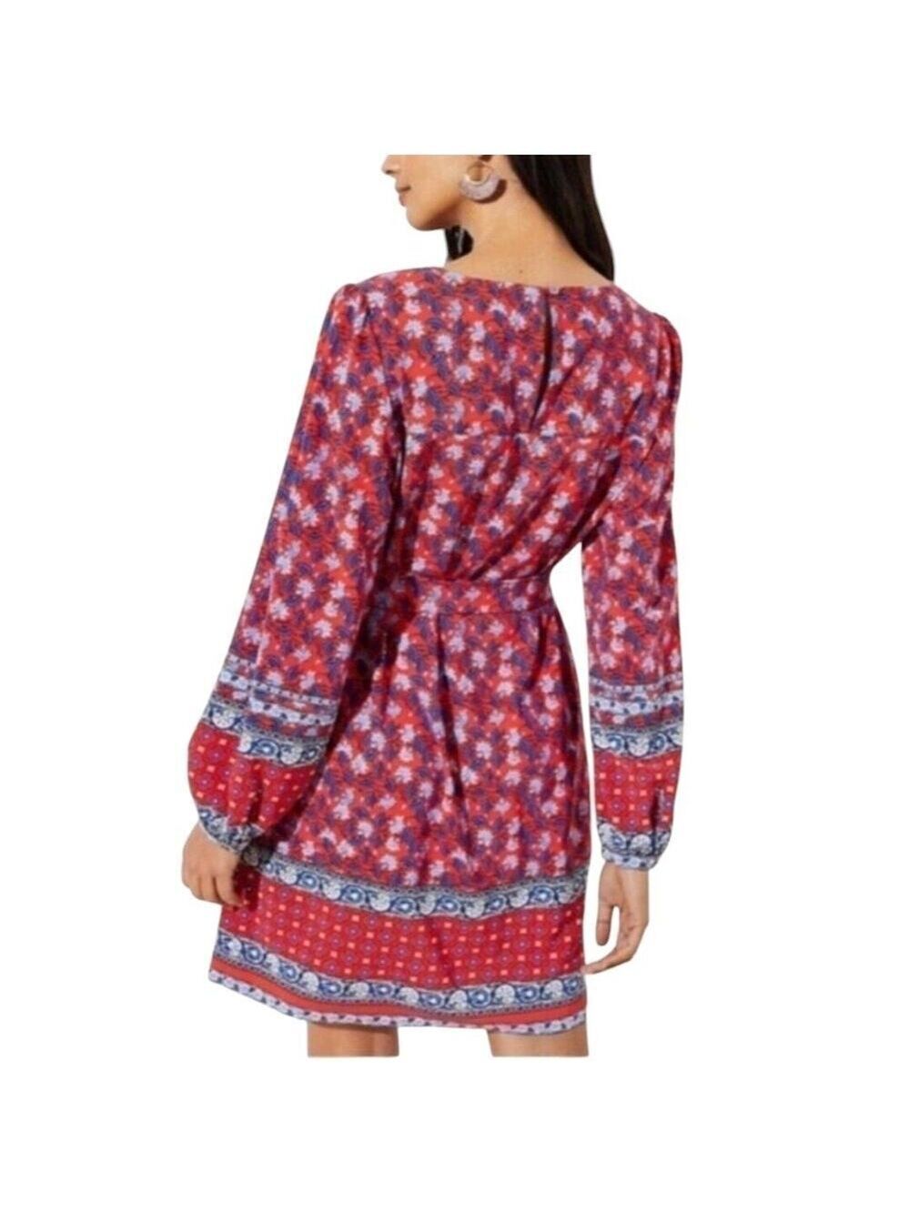 LOFT BORDER FLORAL ROUND NECK BALLOON SLEEVES LENGTH DRESS SIZE MP MULTI RED - Picture 3 of 9